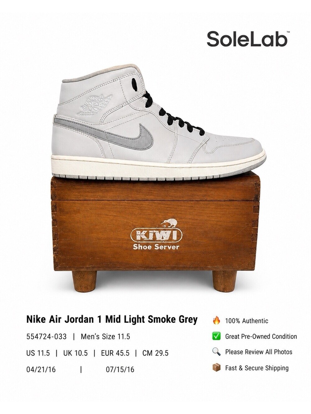 Nike Air Jordan 1 Mid LightSmoke Grey Sz 11.5 554724-033 White Gray Black Retro